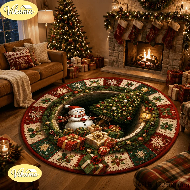 VIKAMA Christmas Snowman 3D Swirl Round Rug, Optical Illusion Non-Slip Living Room Rug, Bedroom Farmhouse Holiday Home Decor