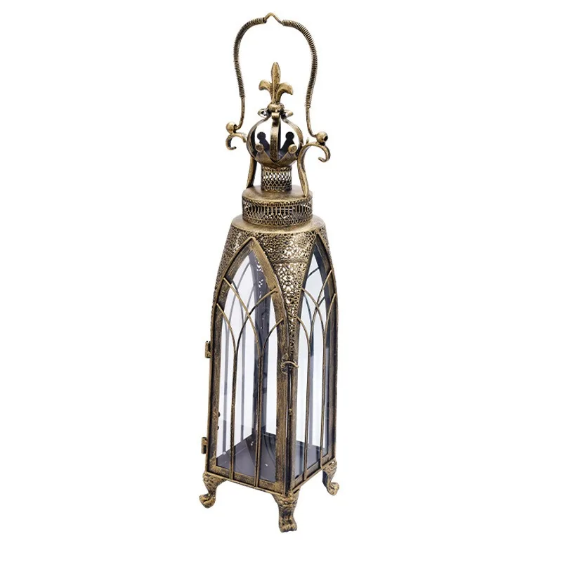 Retro wrought iron candle holder living room villa glass hollow candle light European Moroccan ambient light ornament