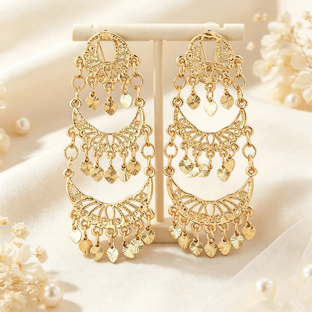 Moroccan Style Drop Earrings Women Golden Plated Multi‑Layer Hollow Filigree Coin Tassel Ethnic Wedding Jewelry