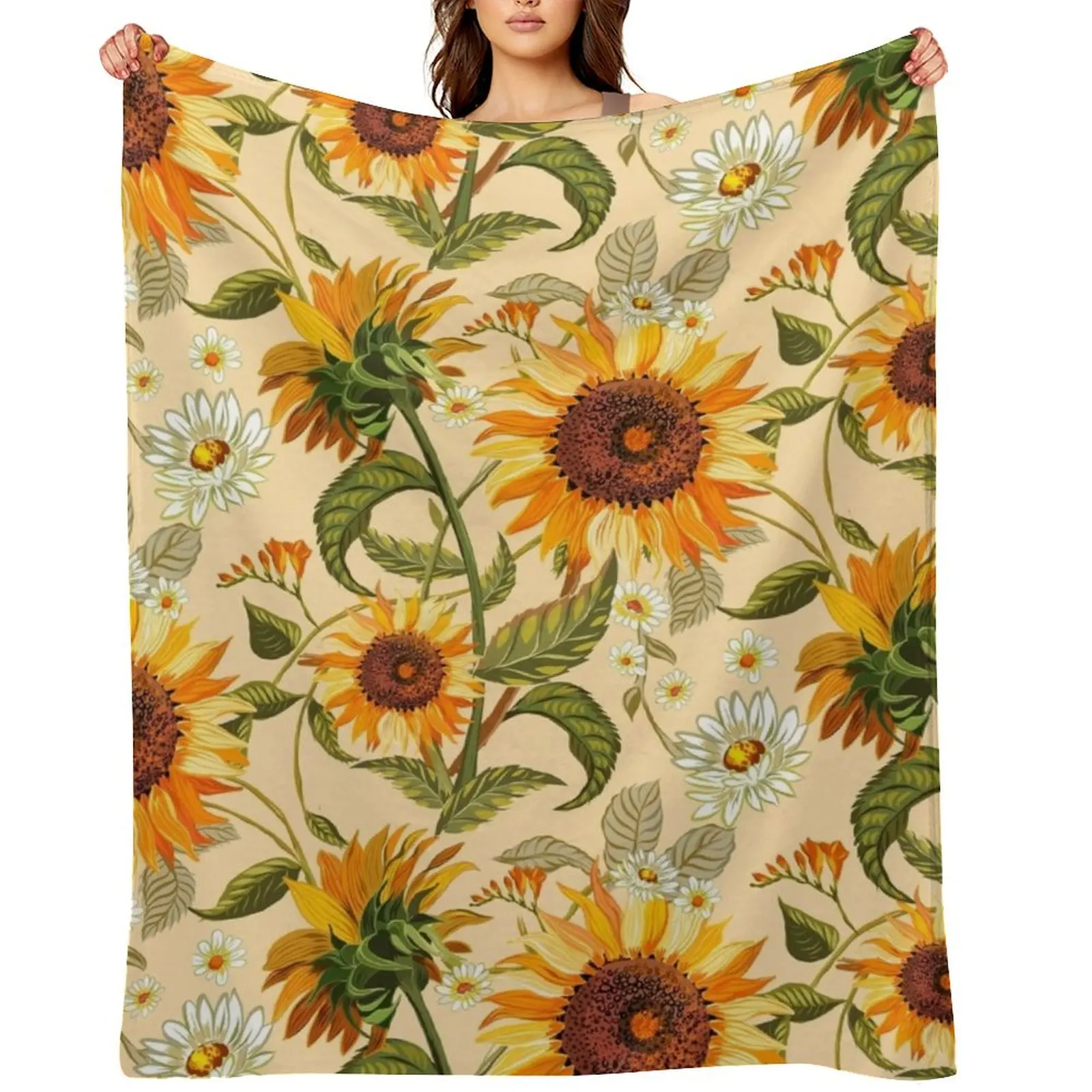 Sunflowers 70s vintage golden retro pattern, yellow and orange flowers Throw Blanket Summer Decorative Sofa Flannel Blankets
