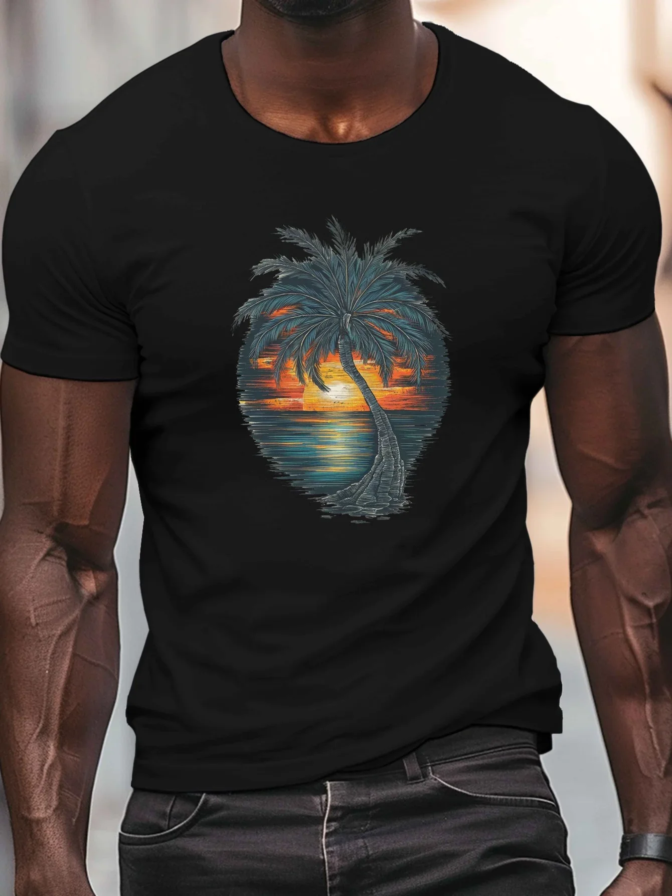 Hot Sale Single Palm Tree Sunset Graphic T-Shirt Tropical Sea Sunset Print Crew Neck Short Sleeve Tee Beach Lover Casual Top