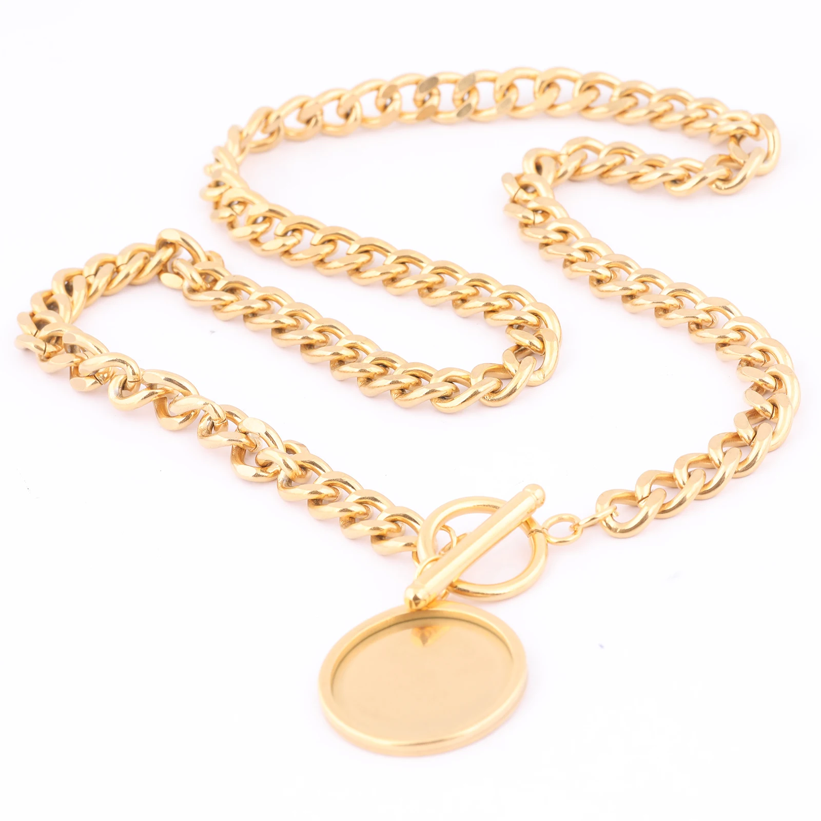 2pcs Stainless Steel Gold Plated 45cm Long Chain Necklace Bezel Blanks Fit 20mm Cabochon Pendant Base Setting Trays Diy Findings