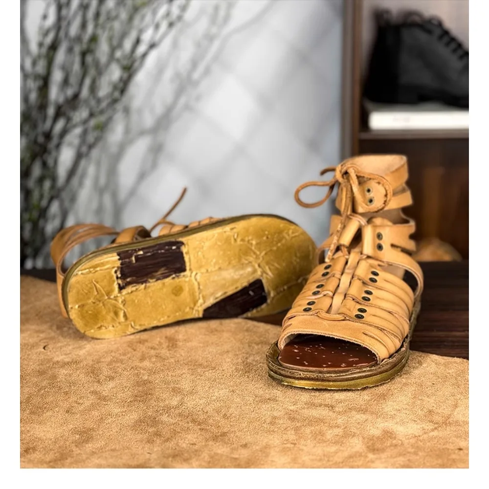 New Men's Cow Genuine Leather Vintage High Top Rome Sandals Summer  Flat Heel Cross-tied Woven Casual Beach Gladiator Shoes