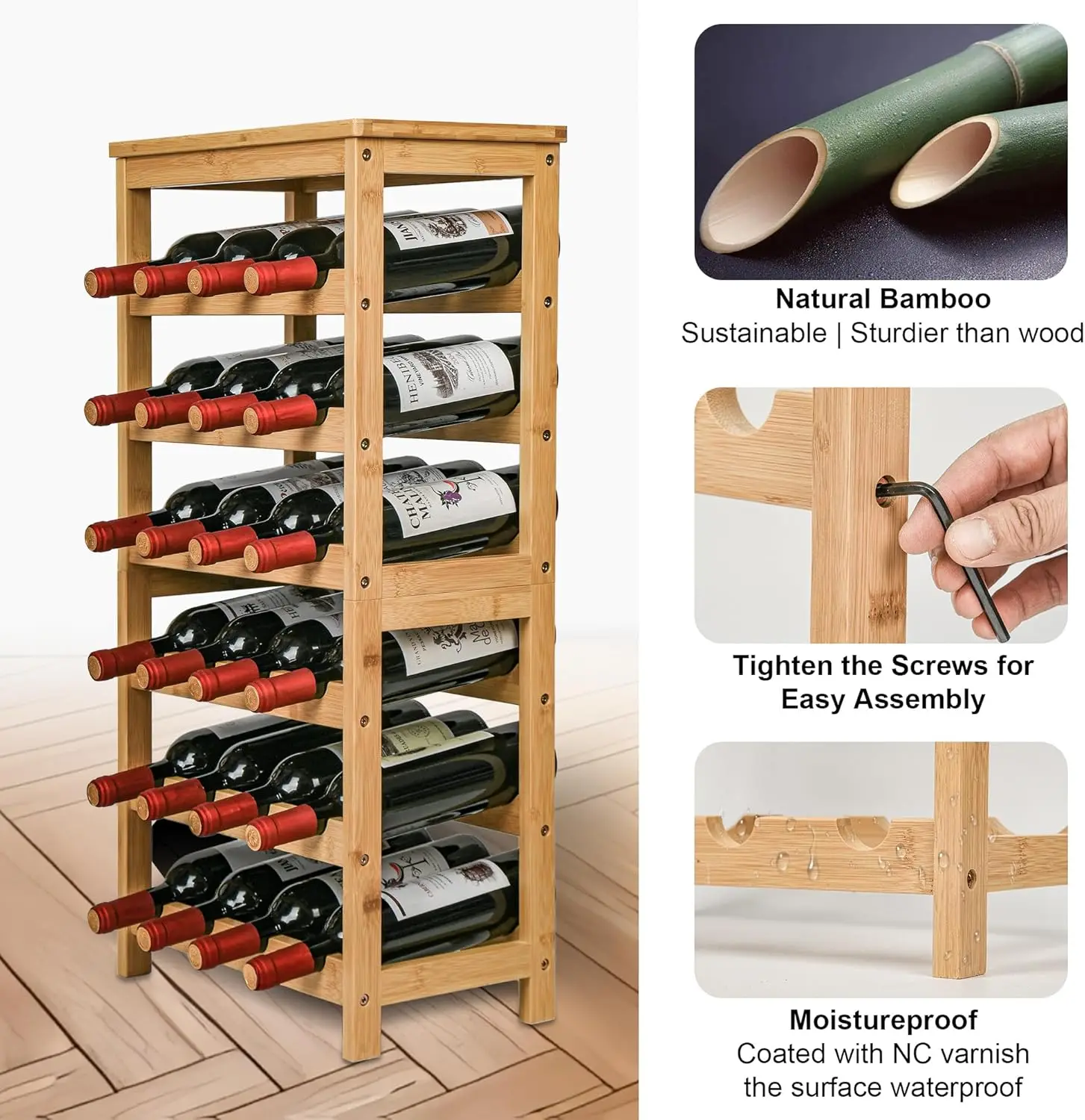 6-Tier Bamboo Wine Rack with Table Top, Holds 24 Bottles for Kitchen Bar Dining Living Room, Natural Finish