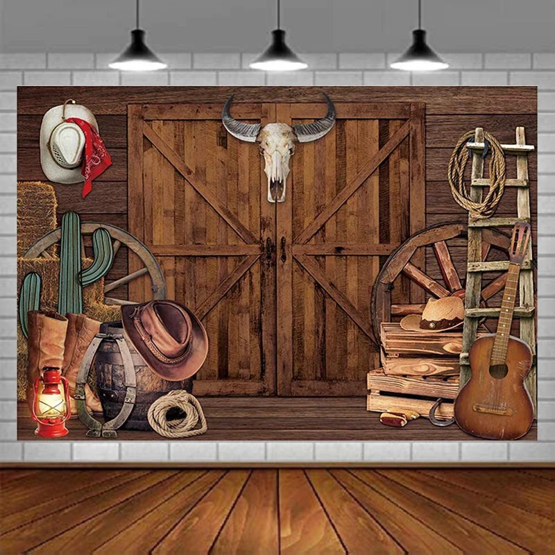 

Western Cowboy Theme Photography Backdrop For Rustic Farm Wooden Barn Door Scene Background Birthday BBQ Baby Shower Party Decor