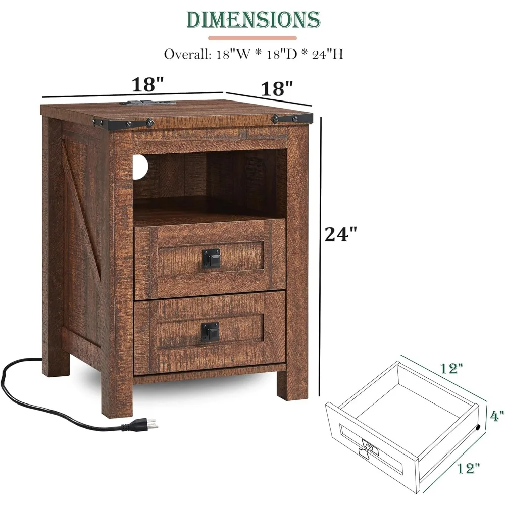 Farmhouse Nightstand with Charging Station, Rustic 18 Inch End Table with 2 Storage Drawers and Open Shelf, Wood Sofa S