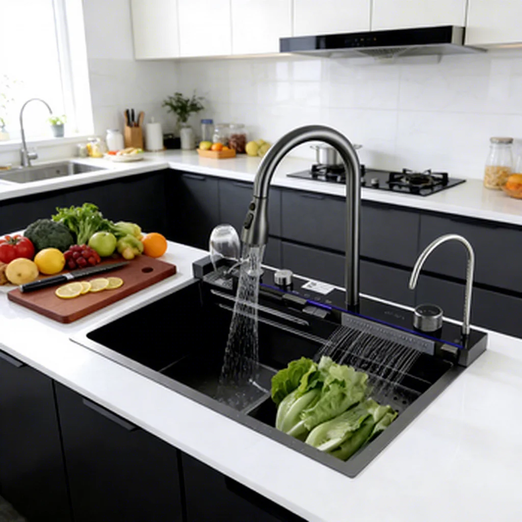 Modern Luxury Multifunctional Kitchen Sinks Bowls Stainless Steel 304 Waterfall Sink Set with Faucet Nano Black