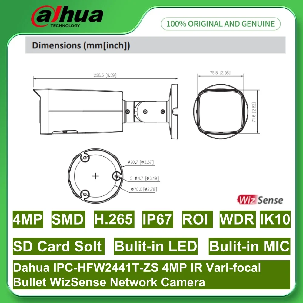 داهوا IPC-HFW2441T-ZS 4MP IR60m فاري بؤري 2.7 مللي متر-13.5 مللي متر رصاصة WizSense شبكة PoE كاميرا مدمجة في هيئة التصنيع العسكري IP67 IK10 SD بطاقة Solt