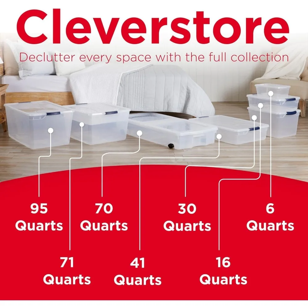 صناديق تخزين شفافة قابلة للتكديس بسعة 74 لترًا من Rubbermaid Cleverstore مع أغطية، 4 عبوات، خالية من مادة BPA، مصنوعة في الولايات المتحدة الأمريكية