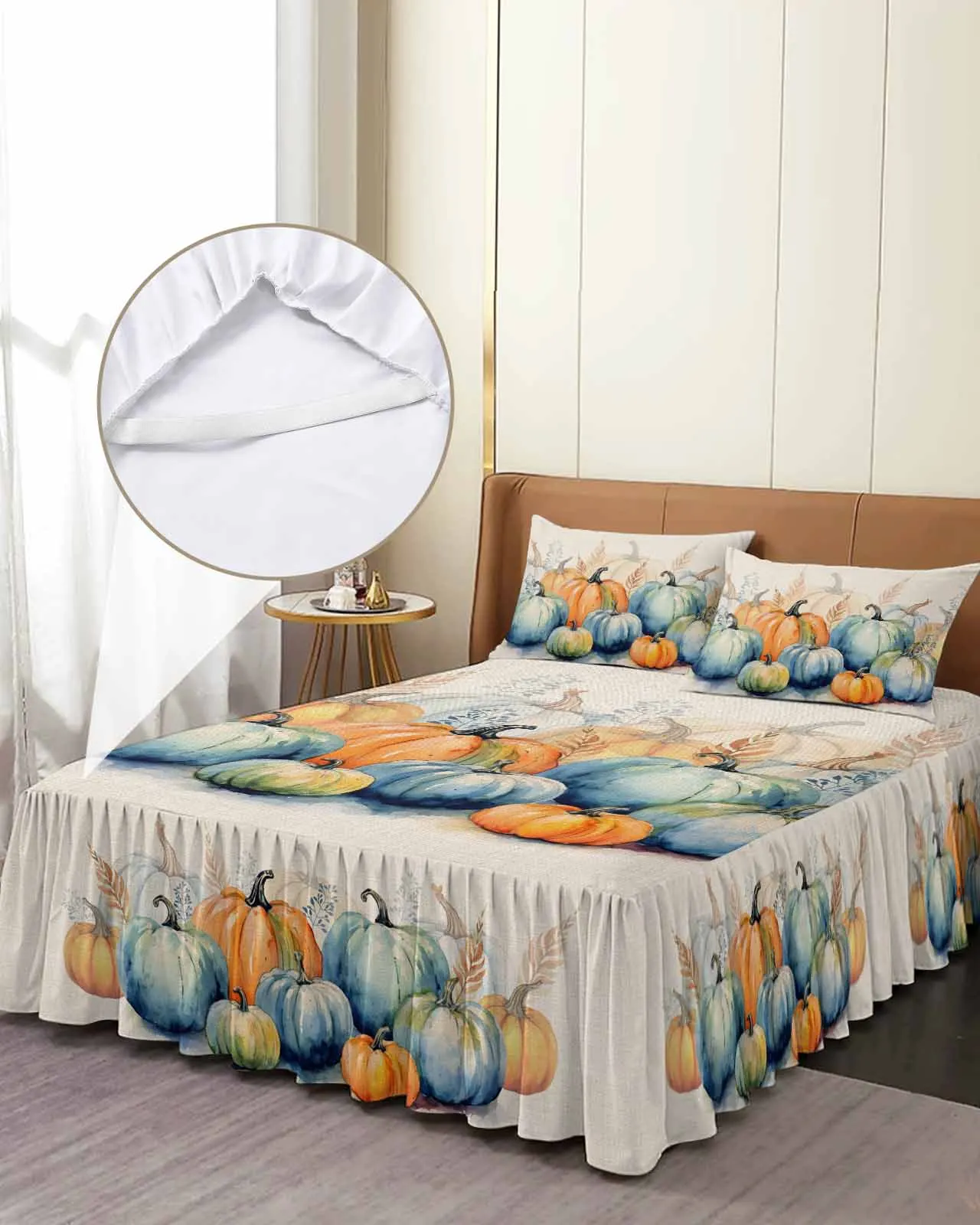 

Thanksgiving Autumn Eucalyptus Skirt Elastic Fitted Bedspread With Pillowcases Mattress Cover Bedding Set Bed Sheet