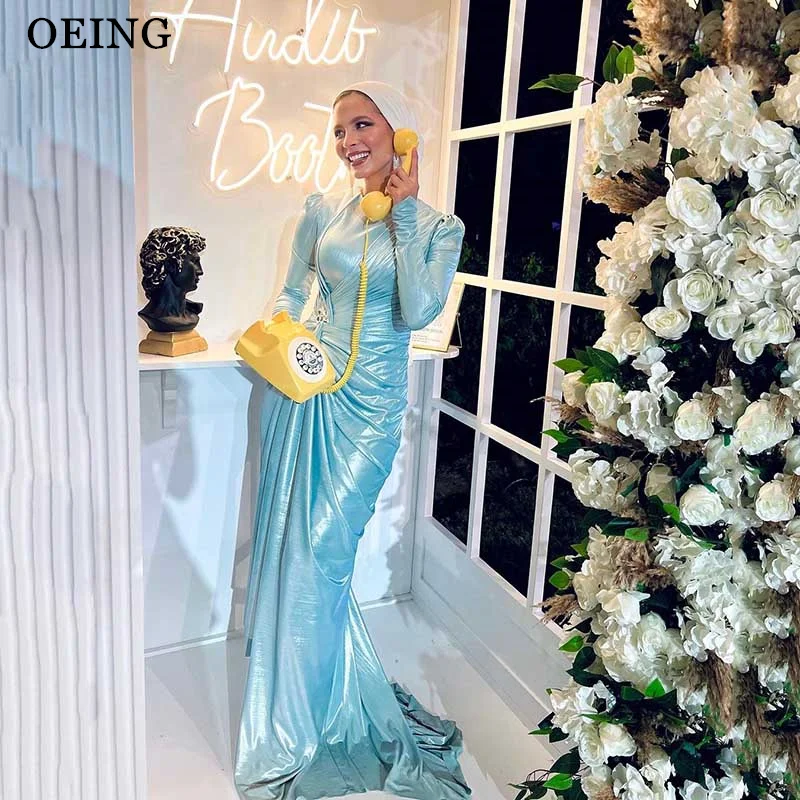 OEING Muslim Evening Dress Simple Silk Pleated Long Sleeves Floor Length Dresses For Prom Formal Occasion Gown Vestidos De Noche