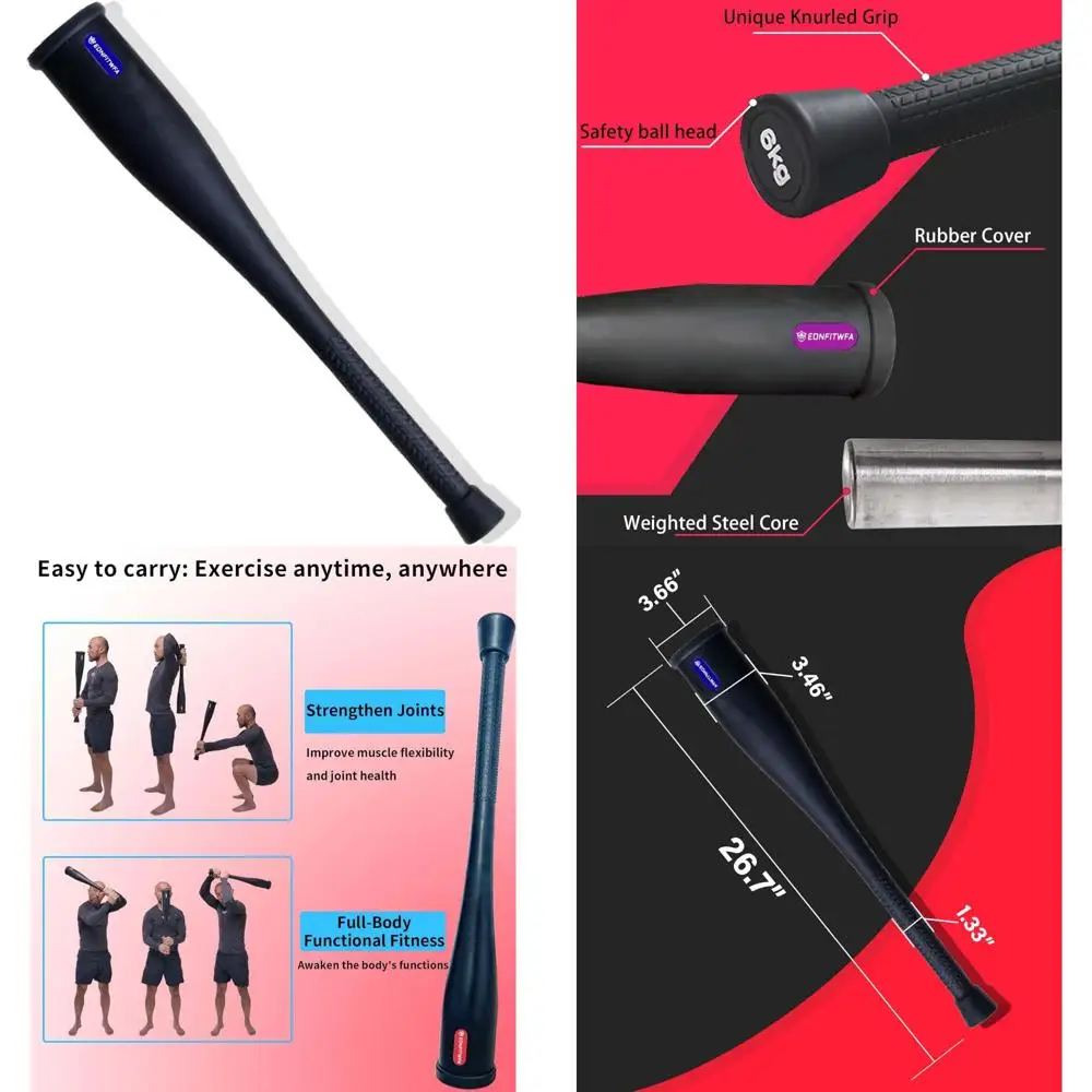 

Anti-Slip Knurled Grip Clubbell with Safety Ball Head and Rubber Cover, Solid Steel Core for Functional Fitness and Strength Tra