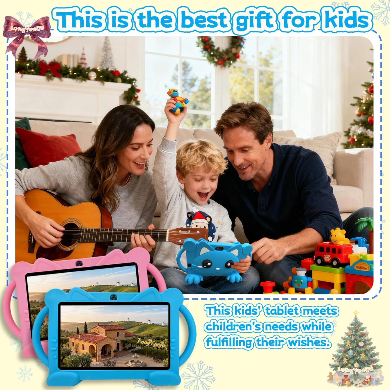 Tablet Android educacional de 7 polegadas, 2 GB + 32 GB, câmeras duplas, tela HD, software iWAWA, controle parental, capa de silicone, azul/rosa