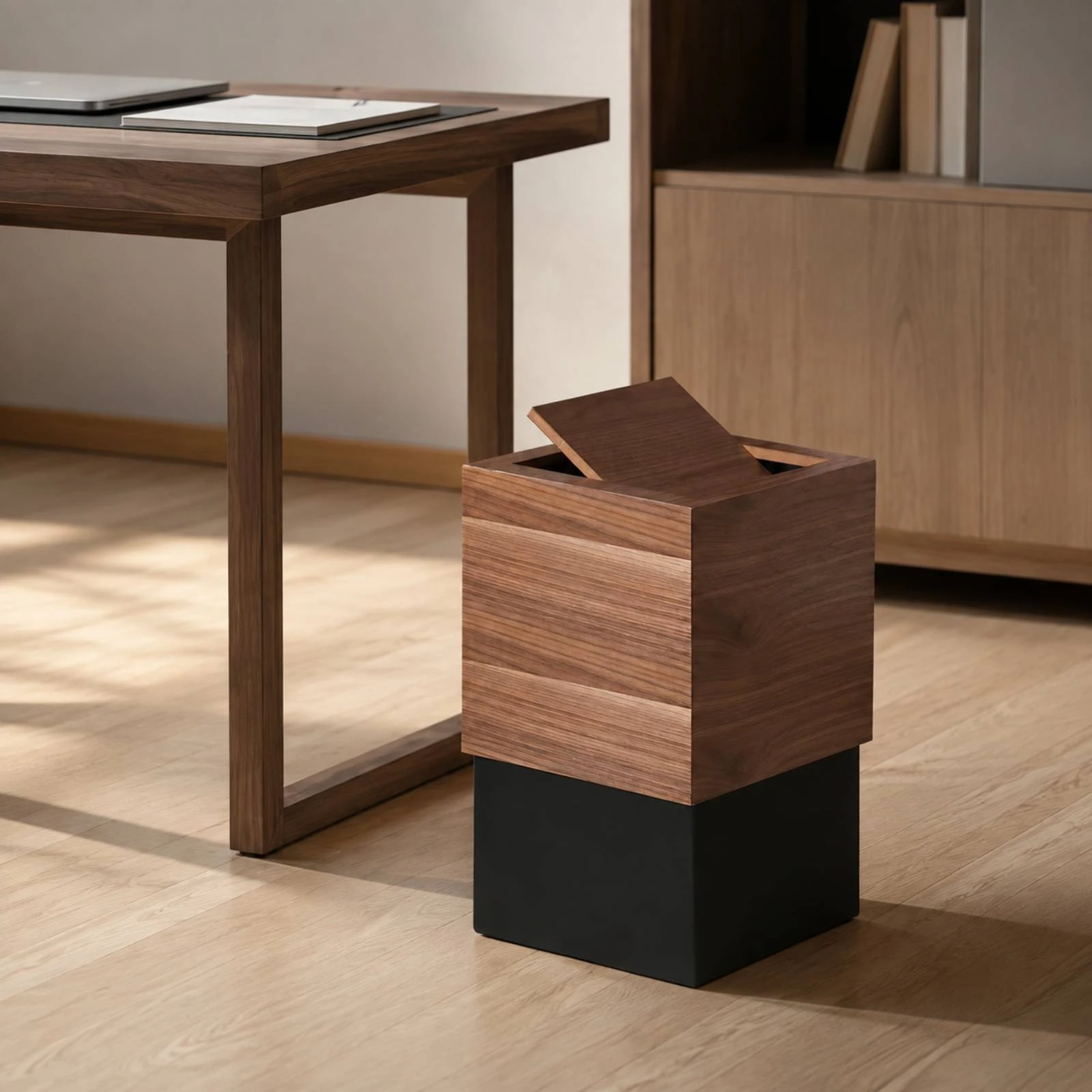 Square Wooden Wastebasket with Flip Lid Easy to Clean Wood-Grain Waste Bin with Black Inner Section for Living Room, Office