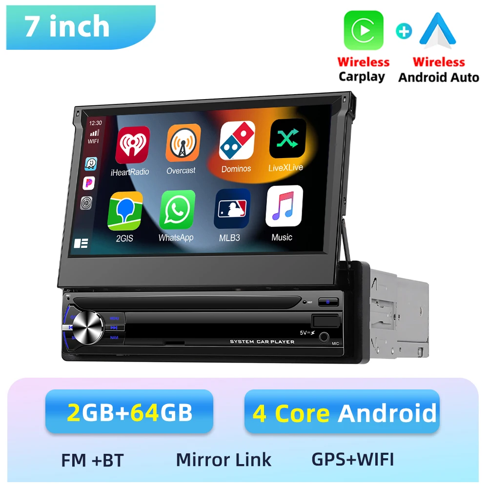 Podofo 1 Din Carplay 6+128G Intelligent Autosysteem Draadloos Android Auto Carplay 7'' Auto Multimedia Speler GPS Wifi 4G BT USB