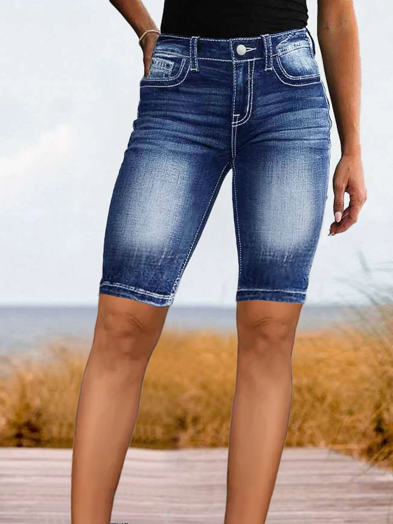 

Джинсы больших размеров с высокой талией для женщин, модные карманы с вышивкой, утягивающие джинсовые брюки длиной пять четвертей