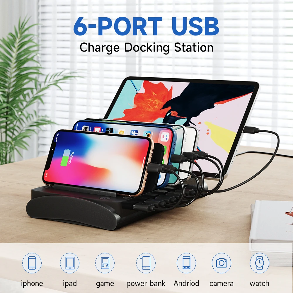 60W 6-Port USB Charging Station for All Devices with 6 Cables