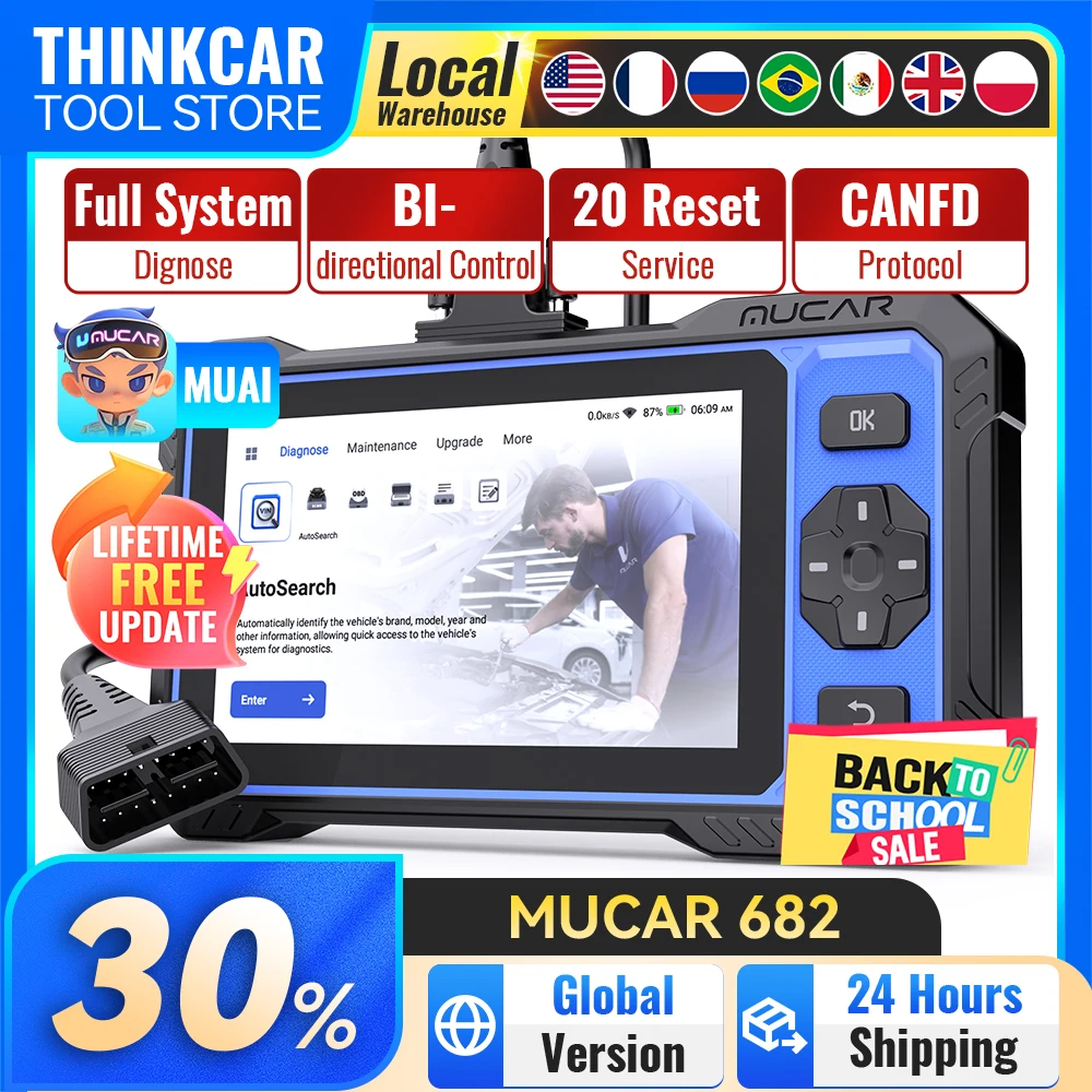 MUCAR 682 OBD2 Scanner Full System Diagnostic Scan Tool 20 Reset Lifetime Free Update BI-Directional Control Car Scan Tools