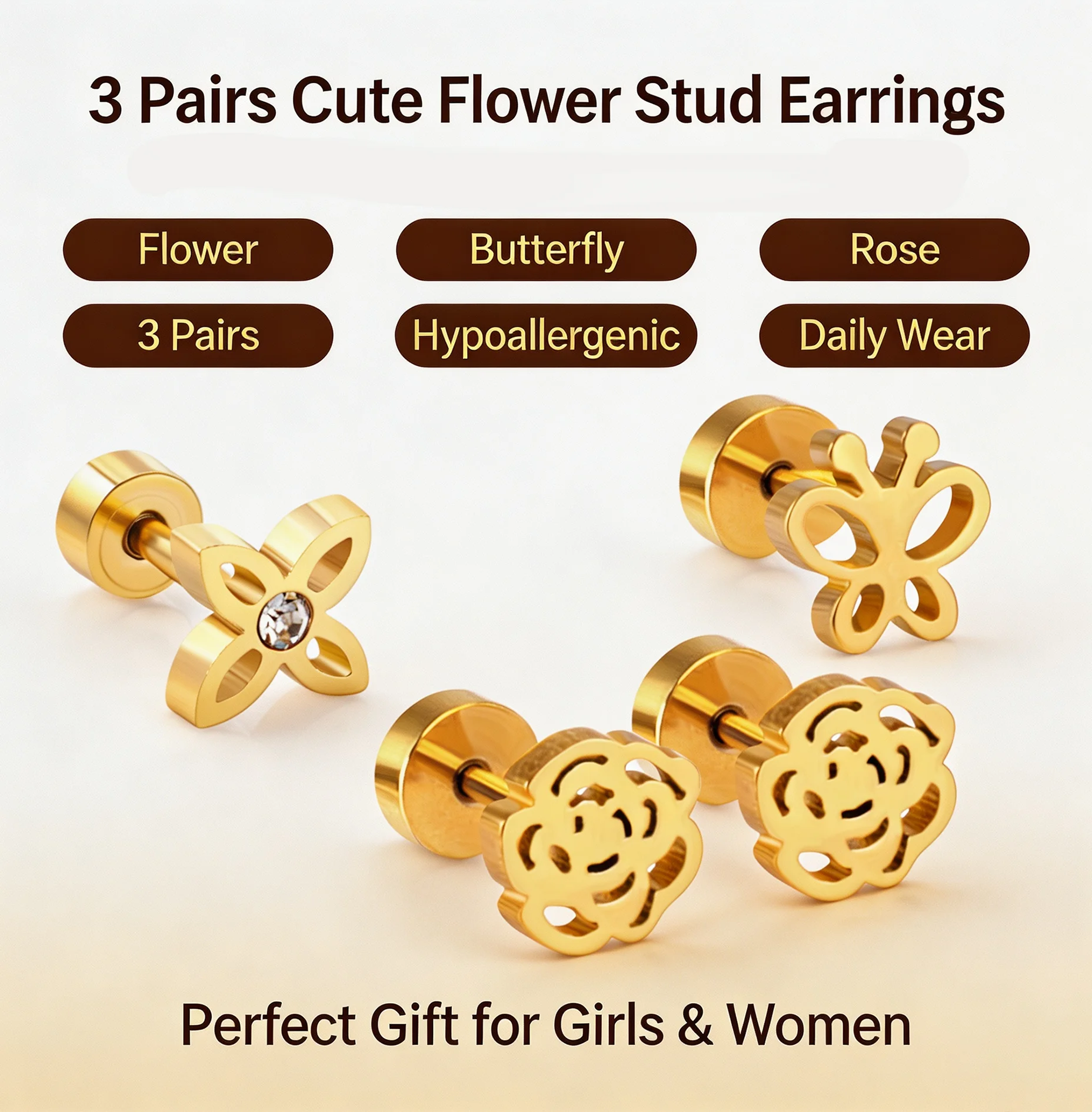 Wholesale 3 Pairs Stainless Steel Stud Earrings Hollow Flower Butterfly Rose Screw Back Ear Piercing Jewelry for Women