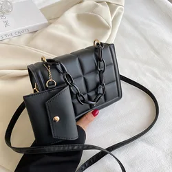 TRAVEASY 2024 Fashion Plaid Square Shoulder Bags for Women Casual 2PCS PU Leather Female Crossbody Bag Black Color Messenger Bag