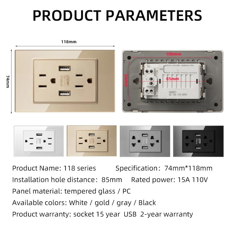 Herepow Serie 118 Thailandia Standard americano Doppia presa a muro USB Adattatore per spina per elettrodomestici intelligenti Tipo-c 3.1A Ricarica rapida