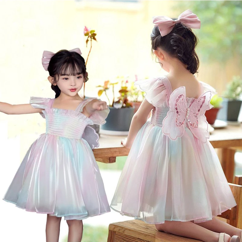 Gradient Rainbow Girls Sling Dress Butterfly Decoration Vestido Children Princess Christmas Ball Birthday Party Casual Dresses