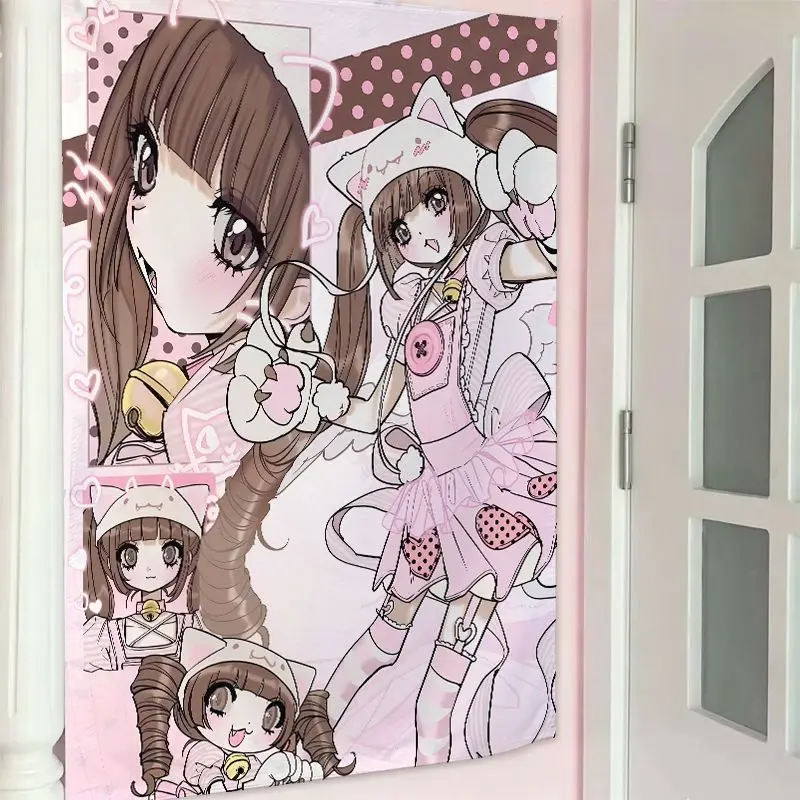 Vertical Japanese Retro Y2K Anime Tapestry, Vintage Cute Sweet & Edgy Aesthetic Wall Hanging Background Cloth, Photo Prop Wall D