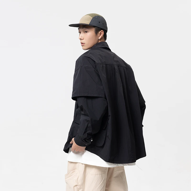 Men Cityboy Outdoor Fashion Multi Pocket Loose Casual Splice Long Sleeve Cargo Shirts Male Harajuku Streetwear Oversize Shirts