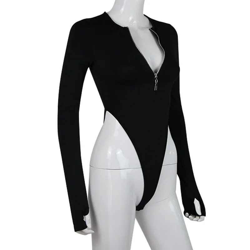 Zippers Gloves Sexy Slim Bodysuits Women Y2K V-neck Long Sleeve Tops Tees Autumn Winter Kpop Cheap Clothes Woman Tshirt Bodysuit