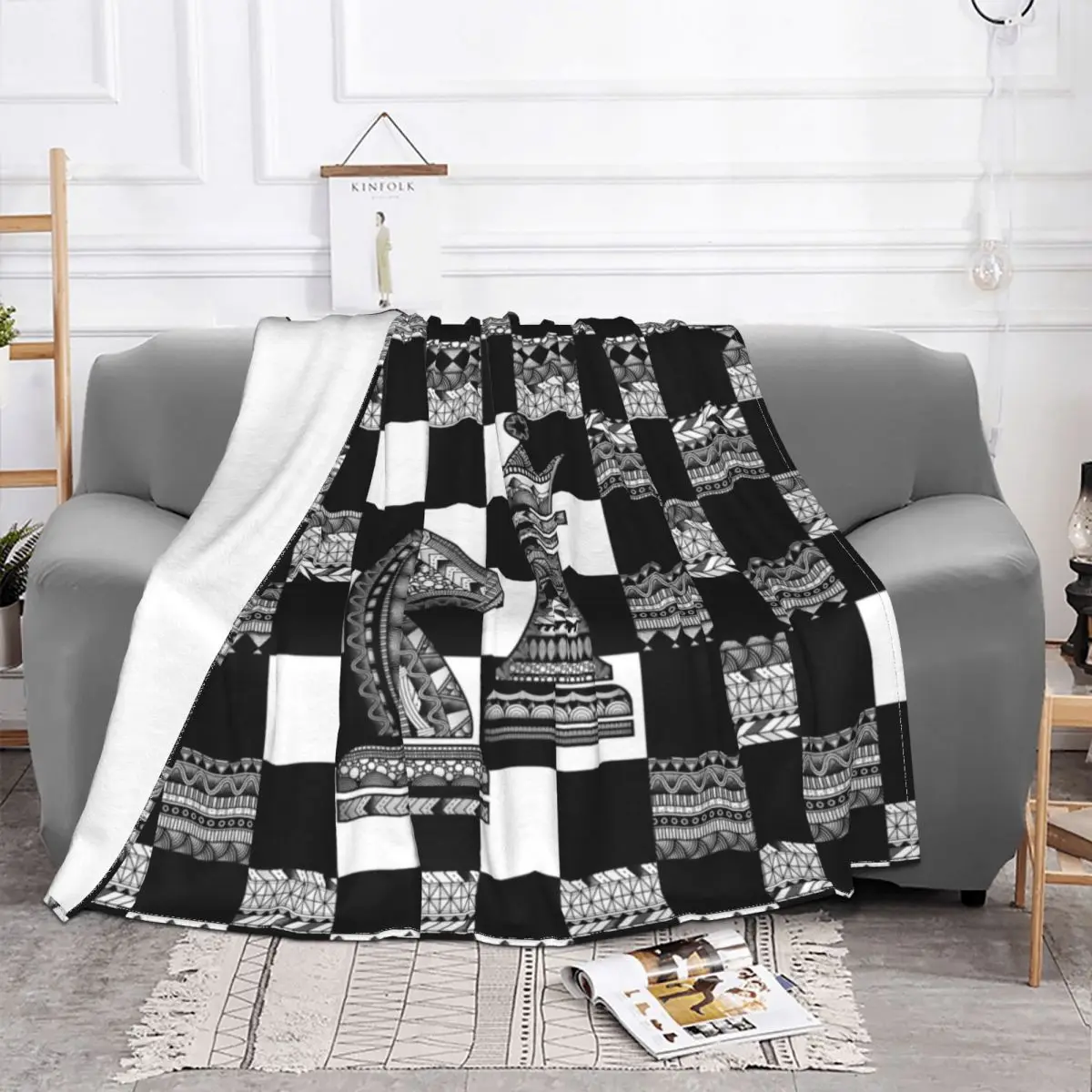 3D Print Chess Knight And Queen Blankets Comfortable Soft Flannel Board Game Chessboard Throw Blanket for Couch Office Bedding