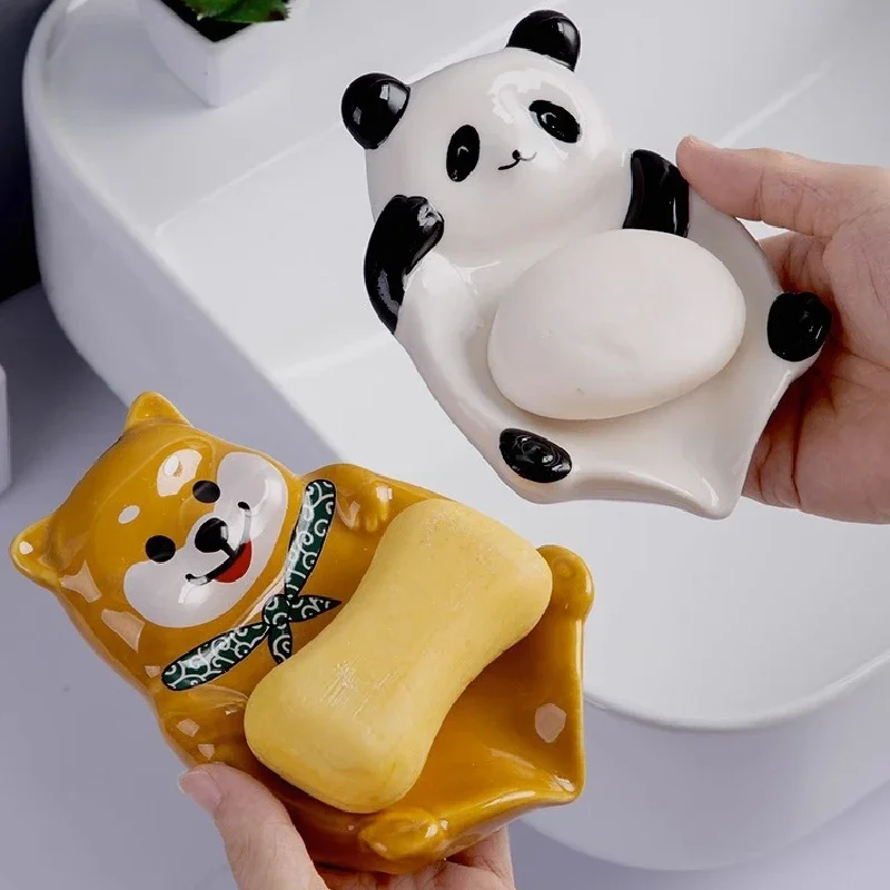 Panda Shiba Inu Soap Box Bathroom Ceramic Soap Box Creative Cartoon Drain Soap Storage Shelf Bathroom Decorative Soap Dish