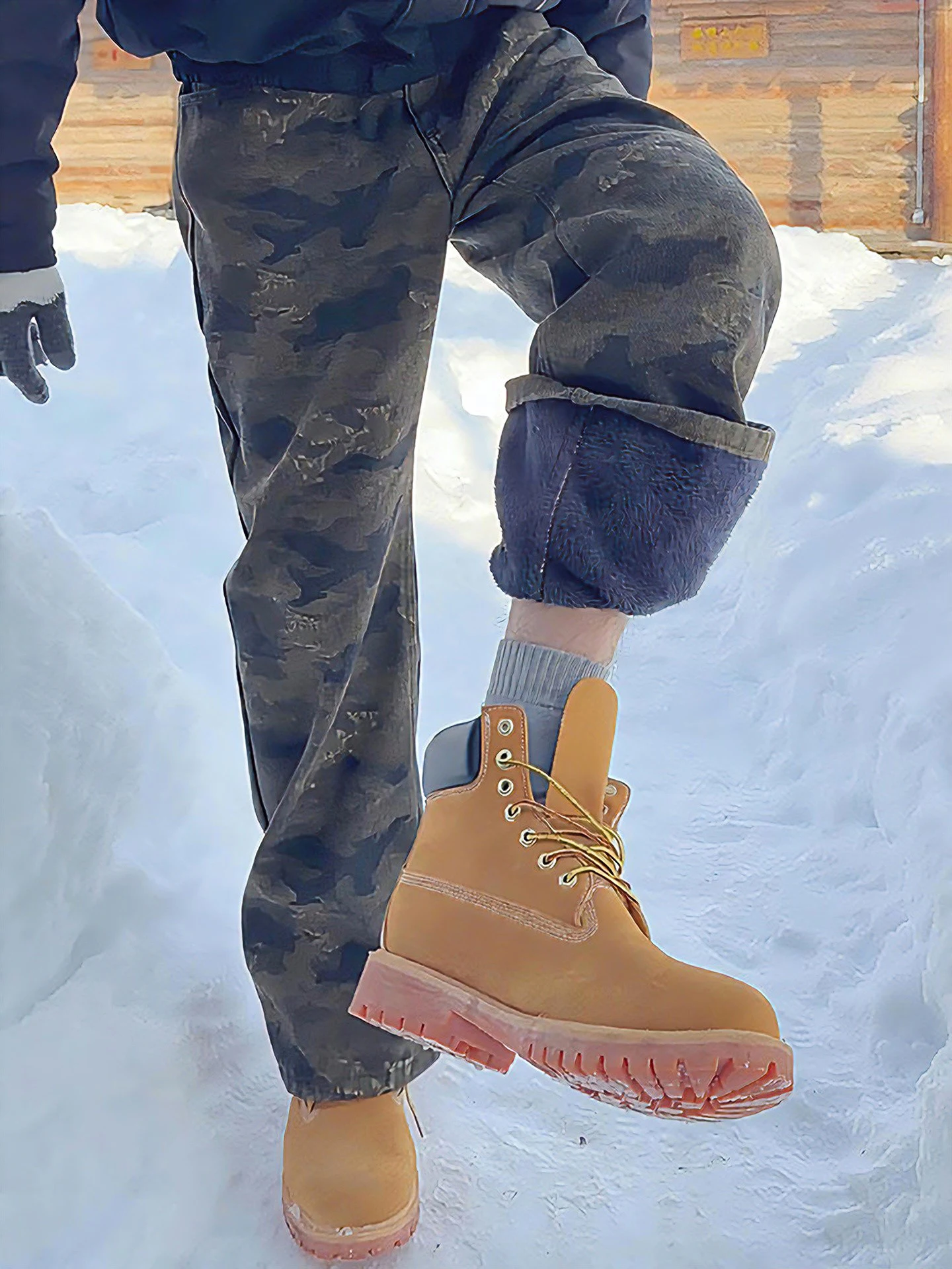 

American Retro Camouflage Fce Lined Work Pants Men's Winter Knife Flared Jeans Straight Leg Jeans for Boots