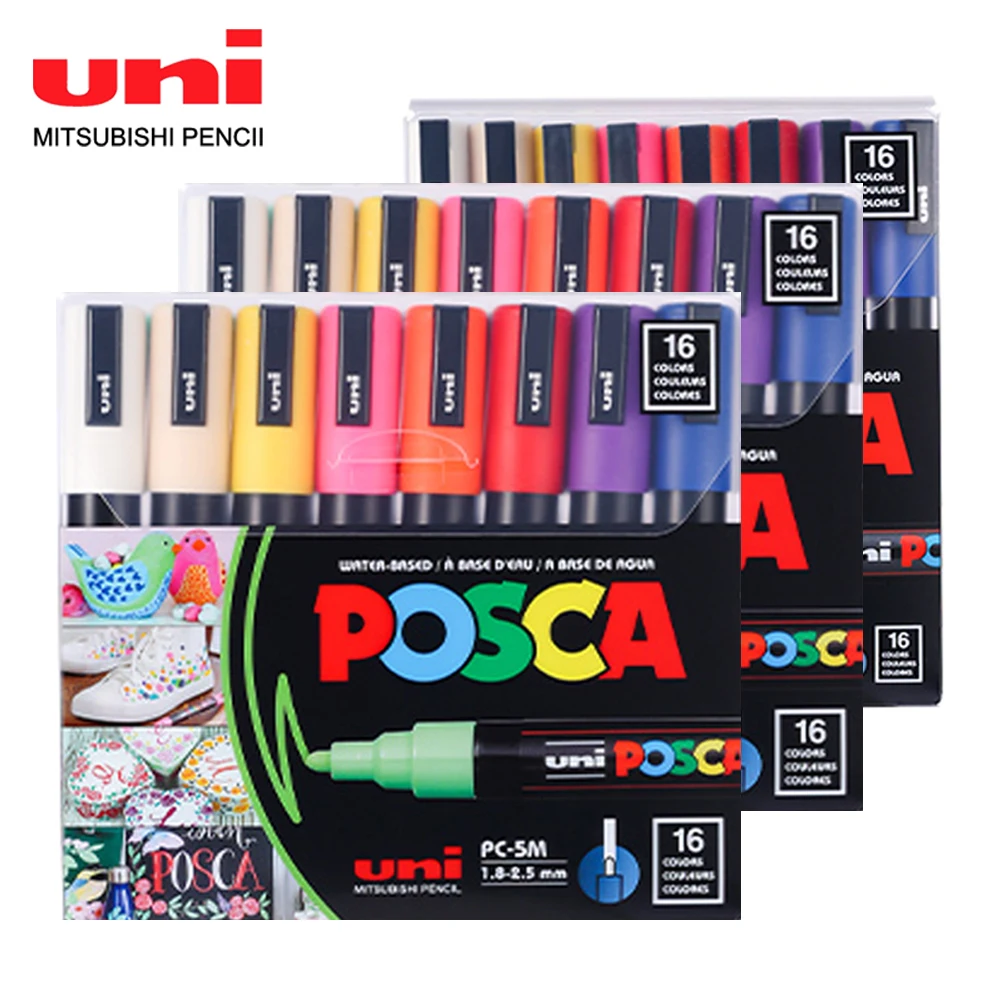 

16 Color Japan UNI POSCA Marking Pens PC-3M/5M POP Poster Advertising Painting Set Boxed Acrylic Children's School Supplies