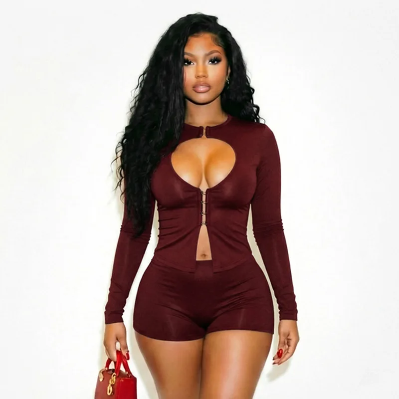 Sexy Hollow Out 2 Piece Short Set Women Y2K Club Party Outfit Bodycon Long Sleeve Shirt Tops Shorts Matching Sets Autumn Winter