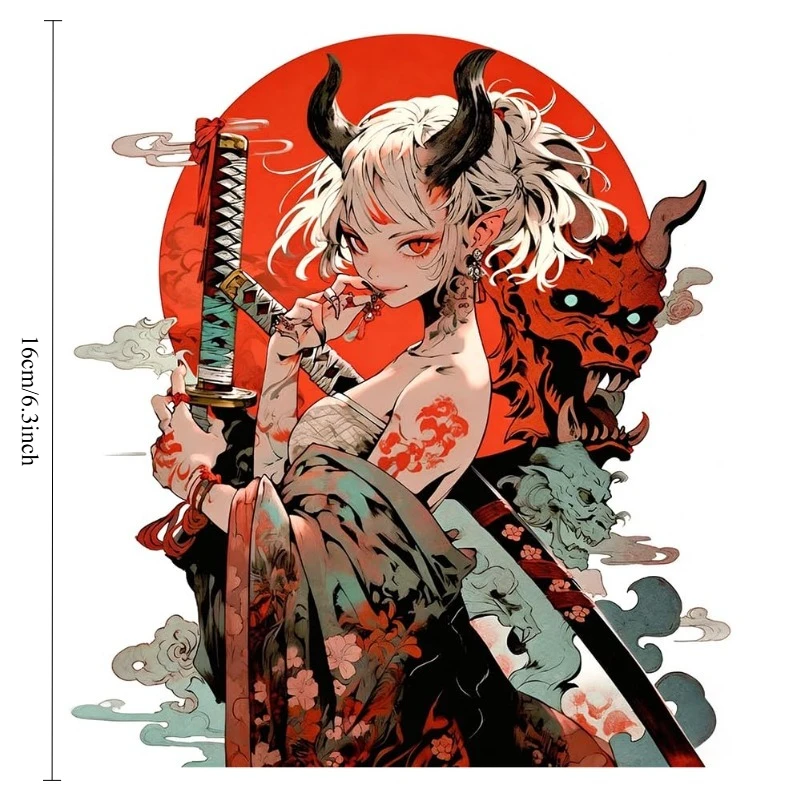 1Pc Japanese Demon Samurai Anime Girl Vinyl Sticker, Waterproof Decal For Car Motorcycle Laptop Window Decor, Holiday Gift