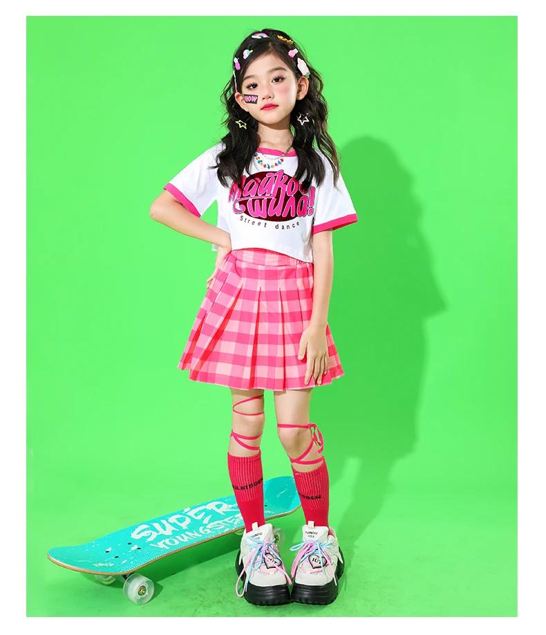 Mädchen Hip Hop Kurzhemd Sommer jacke Plaid Röcke Kinder Ernte Top Street Dance Jazz Kostüme Kinder Streetwear Kleidung Sets – Detail 4