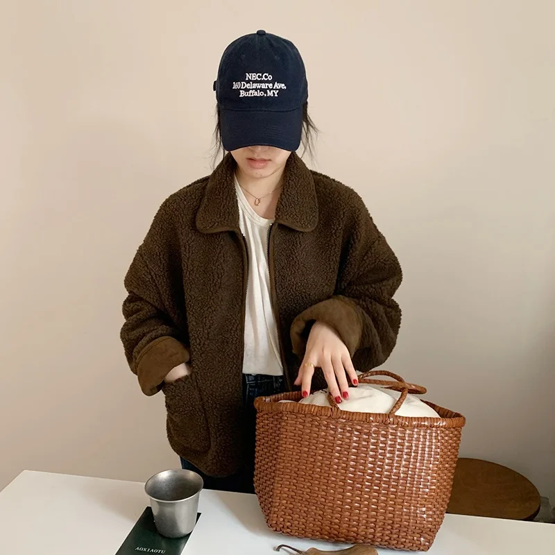 秋冬レディースショートスエードジャケットルーズファーレザー一体型暖かいカジュアルスタイルファッションアウターコート