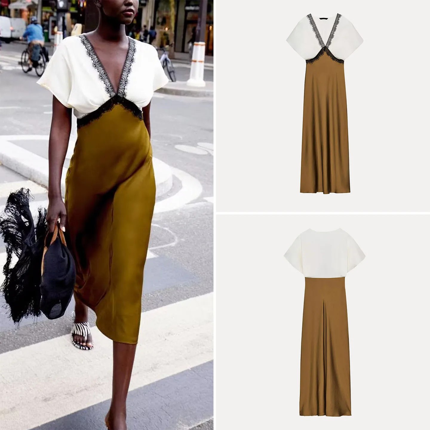 Z 2025 가을 신상 여성 패션 배색 레이스 실크 새틴 느낌 드레스 반팔 데일리룩 중국산