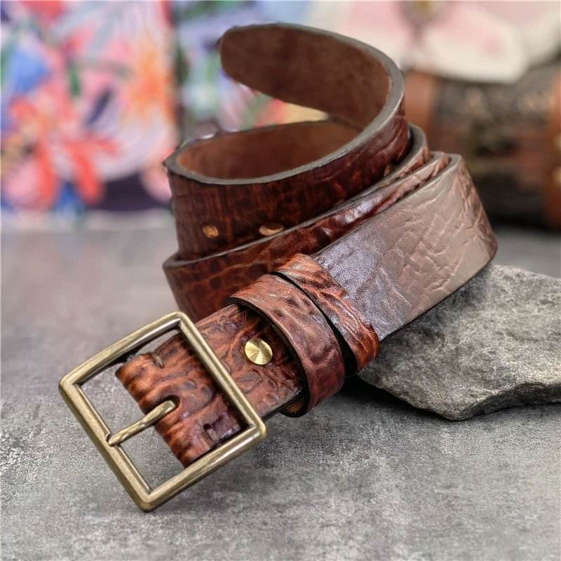 Retro Brass Belt Buckle Top Thick Men Belt Genuine Leather Cowboy Jeans Men\'s Belt Wide Ceinture Homme Waist Belt Male MBT0609