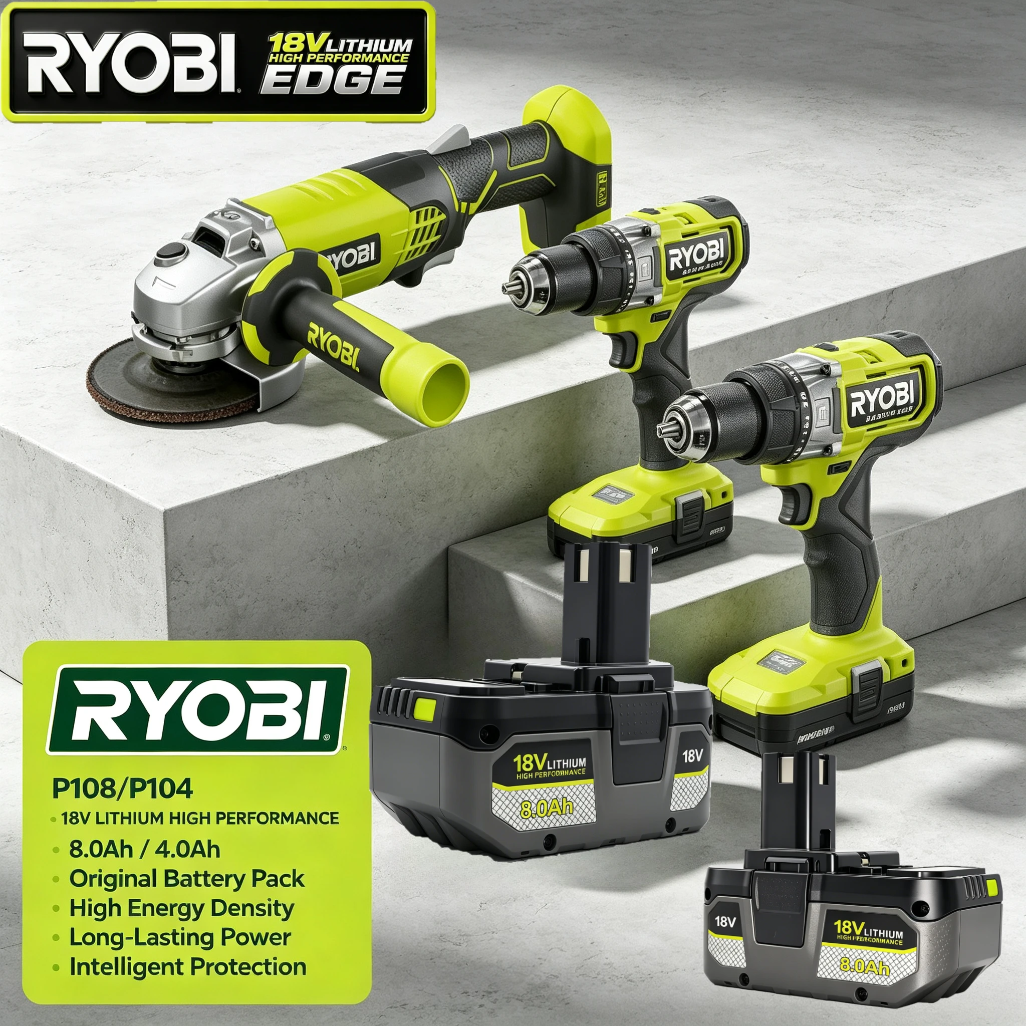 Ryobi ONE+ 18V 8.0Ah Li‑ion Battery, Replacement Fit P104 P108 P190,Robust Build Quality,For Household DIY  Cordless Power Tool