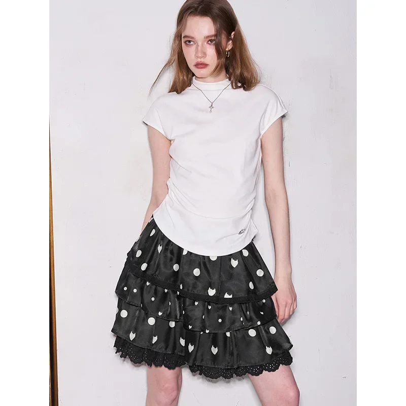 ELFSACK Black White Polka Dot Tiered Skirt, Ruffle Lace Trim Mini Skirt, Cute Retro Bottom