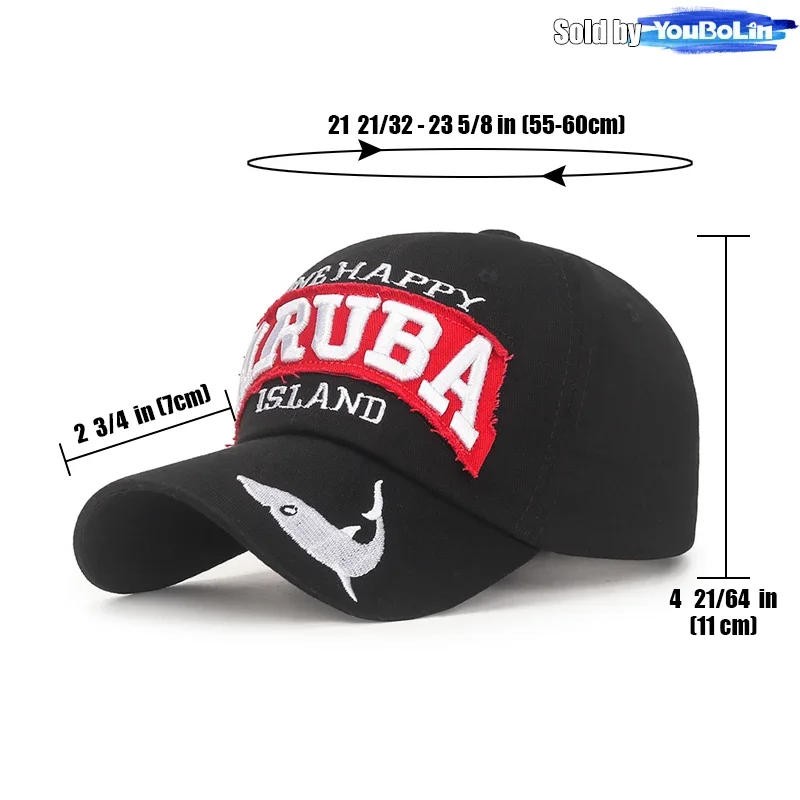Black Aruba Island Baseball Cap with Shark Embroidery – Casual & Stylish Sun Hat