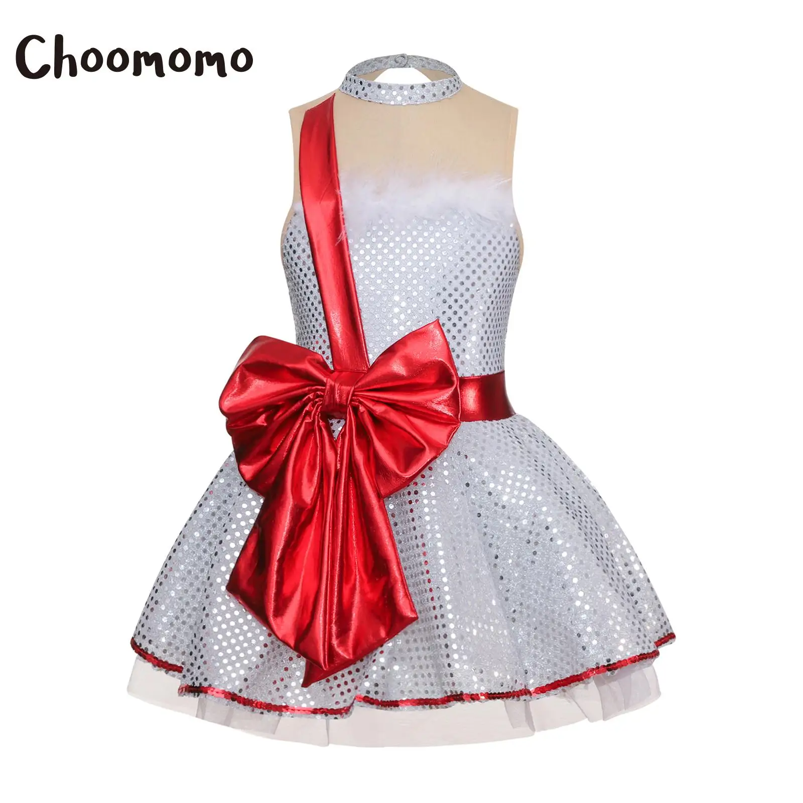 

Kid Girl Christmas Dress Sleeveless Feather Neckline Mesh Splicing Ribbon Bow Decorated Sequin Puffy Skirt Jumpsuit