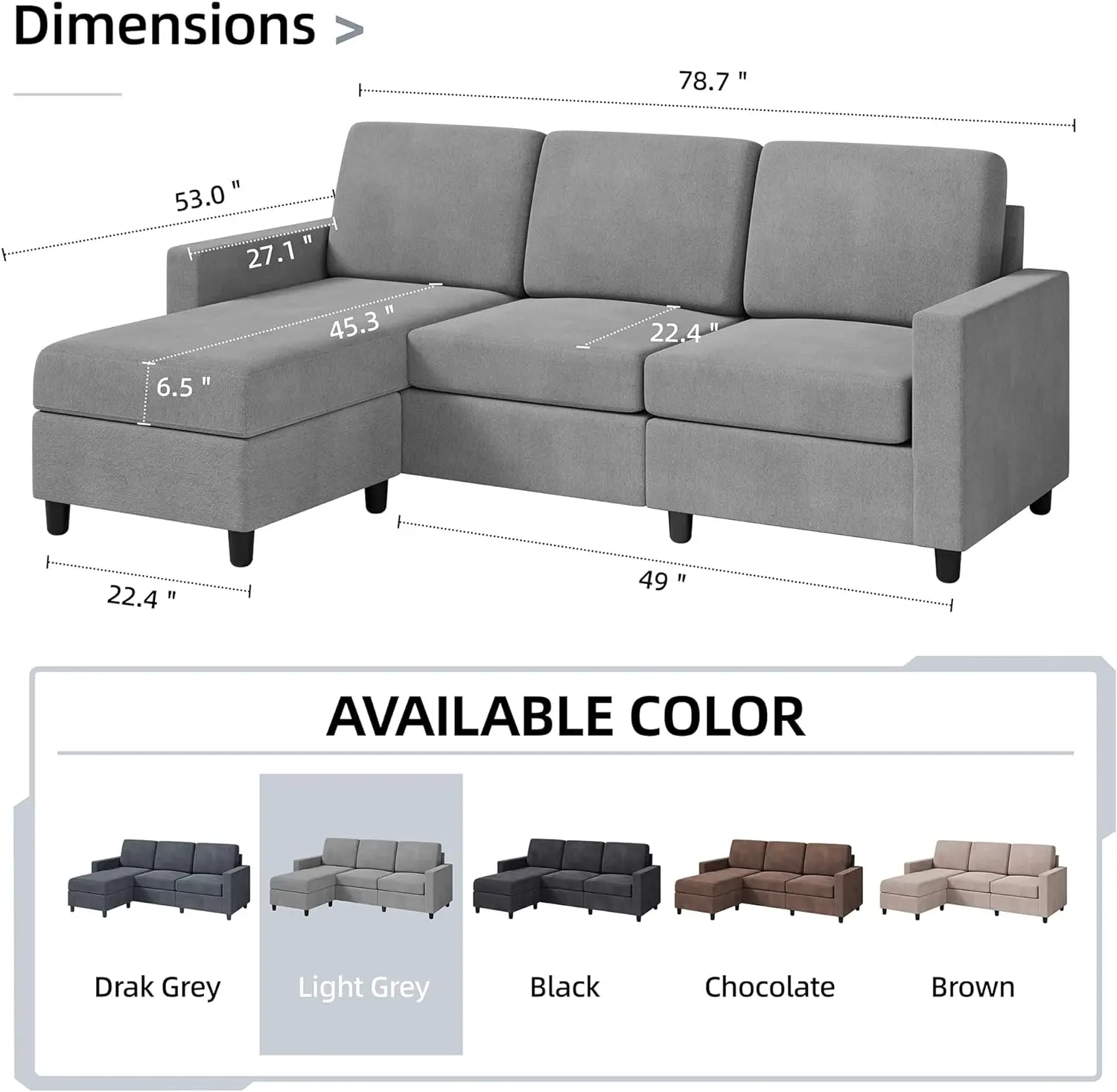 Shintenchi Sectional Sofa, Moderne Linnen L-Vormige Bank 3-zits Sectionele Bank Met Omkeerbare Fauteuil