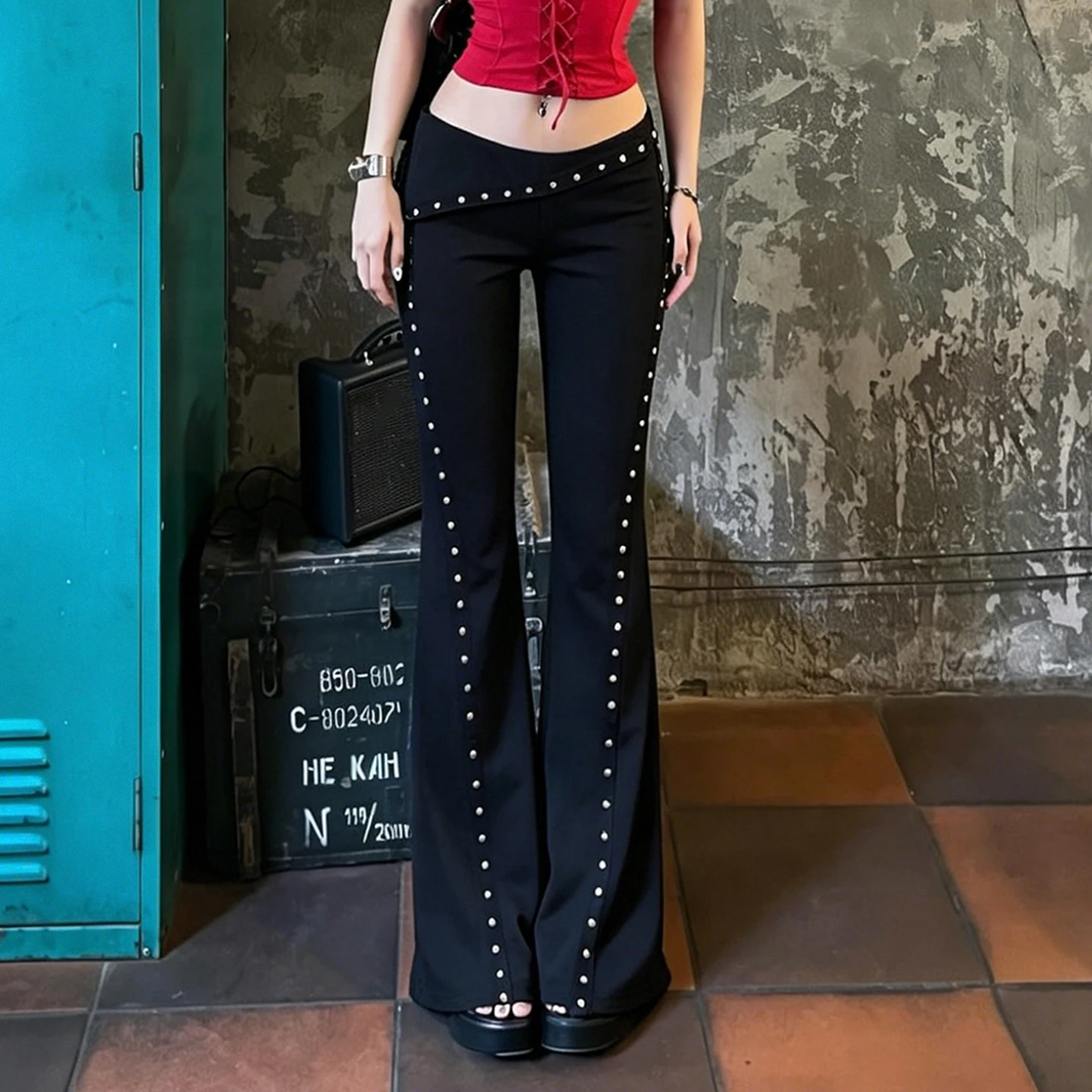 SUCHCUTE Vintage Rivet Decor Fold Over Waistband Flare Pants Y2K Punk Low Waist Slim Bell Trousers Women Streetwear Bottoms Chic