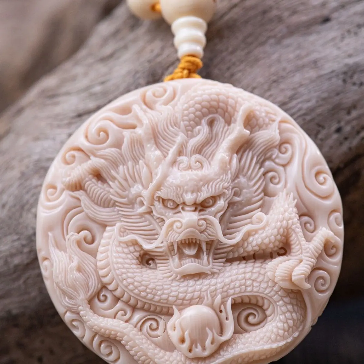 Ivory Fruit Plate Dragon Play Pearl Round Brand Hand-carved Collection Dragon Brand Double-sided Carved Gift Pendant Pendant