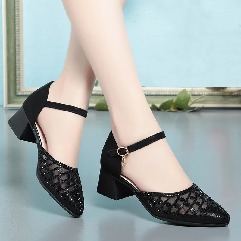 

Fashion Buckle Strap Women's Sandals Pointed Toe Square Heel Office Pumps Heel Heeled Gauze Sandals Comfortable For Office Mom