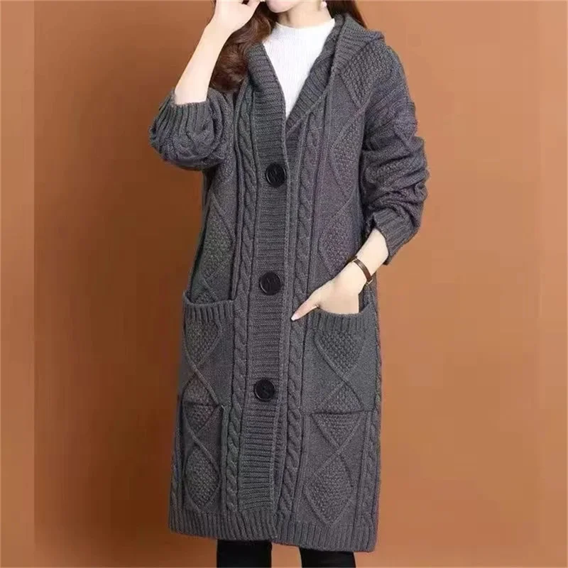 Long Hooded Sweater Spring Autumn Mother Sweater Jacket Female Jacket 2023New Loose Pocket Zipper Knitted Cardigan Mom HoodyCoat