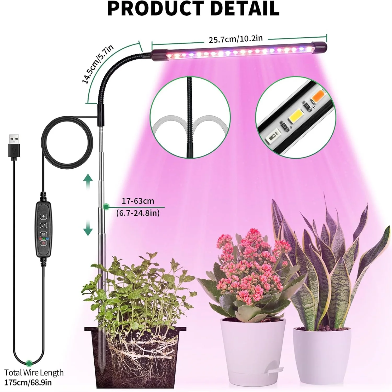 3Colors USB Grow Lamp Plant Full Spectrum Growth Light 5V Timed Dimming Switch Plug-in Telescopic Tube Indoor Plant Lighting