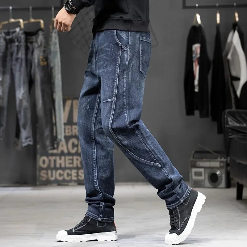 High Appearance Level Trousers Summer Thin Splicing Elastic Fattening Enlarged Jeans Men's Fat Men's Loose Straight Trousers New